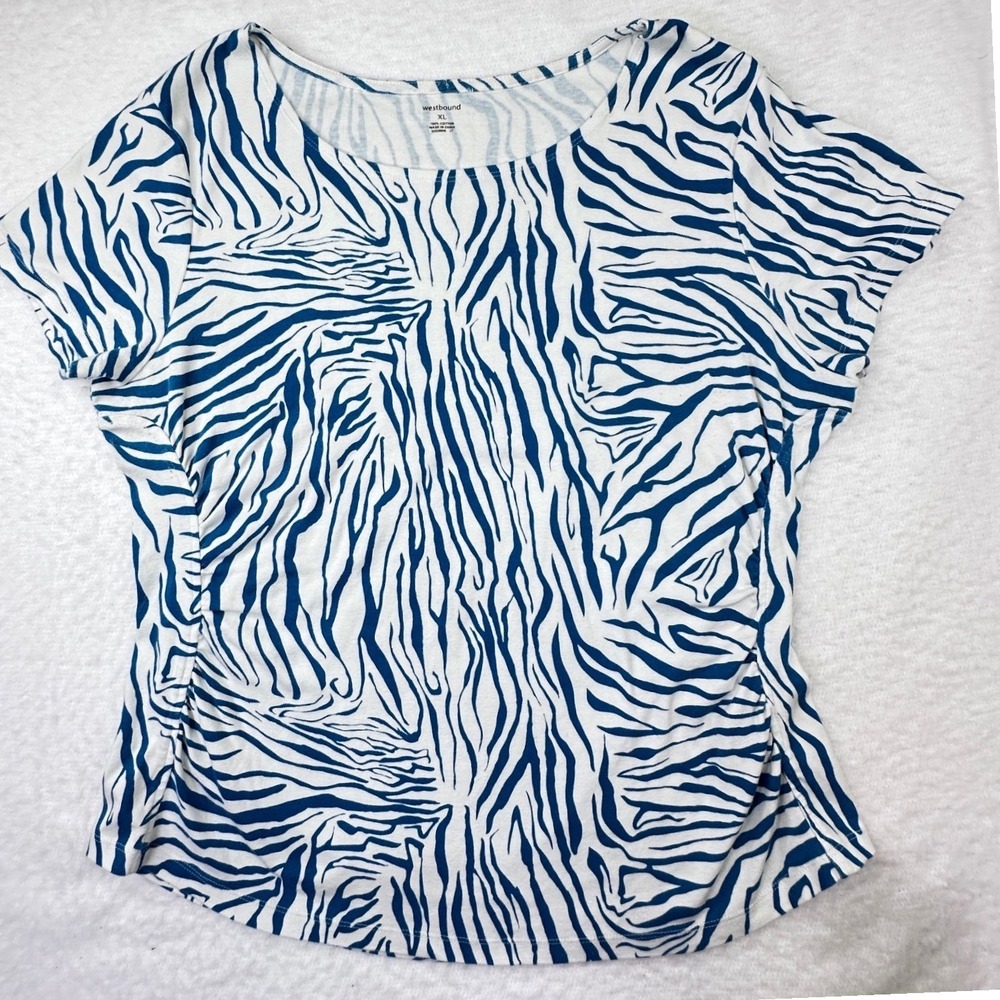 Westbound T-Shirt Womens XL Blue White Zebra Print Ruched Side 100% Cotton Tee